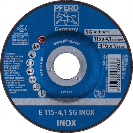 Pferd 61104 4-1/2in x 1/8in Grinding Wheel 7/8in AH A 30 N SG-INOX Type 27 61104-PFERD